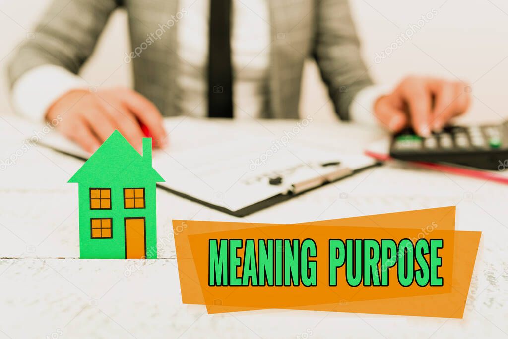 Text showing inspiration Meaning Purpose. Business overview The reason for which something is done or created and exists New home installments and investments plans represeneted by lady
