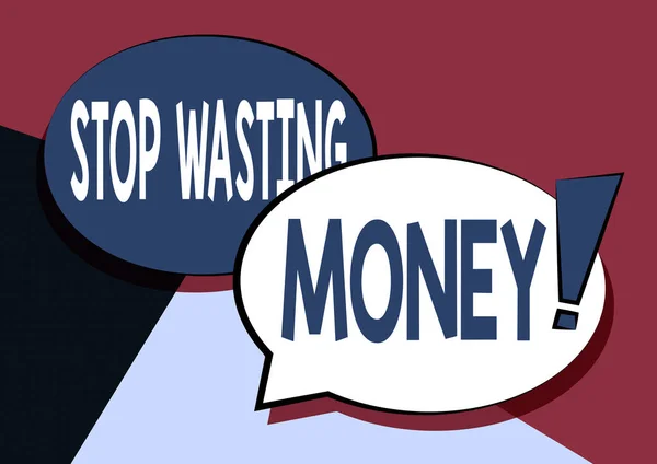 Text showing inspiration Stop Wasting Money. Business approach advicing person or group to start saving and use it wisely Two Colorful Overlapping Speech Bubble Drawing With Exclamation Mark. — Stock Photo, Image