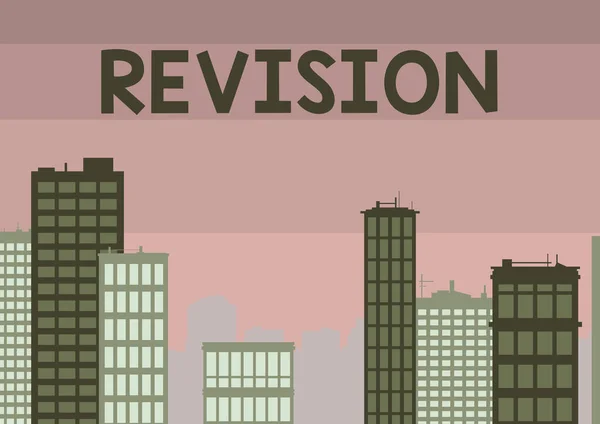 Text sign showing Revision. Business showcase action of revising over someone like auditing or accounting Multiple Skyscrapers Drawing Showing City Skyline. — Stock Photo, Image