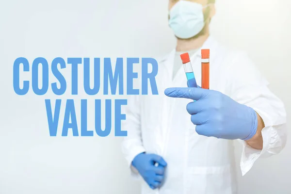 Text caption presenting Costumer Value. Business approach Amount of benefits which clients get from purchasing products Research Scientist Comparing Different Samples, Doctor Displaying Cure