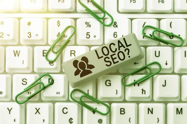 Schreiben von Text Local Seoquestion. Geschäftsübersicht unglaublich effektive Art und Weise, Ihr lokales Unternehmen online zu vermarkten Tippprogramm Funktionale Beschreibungen, Erstellen einer neuen E-Mail-Adresse — Stockfoto