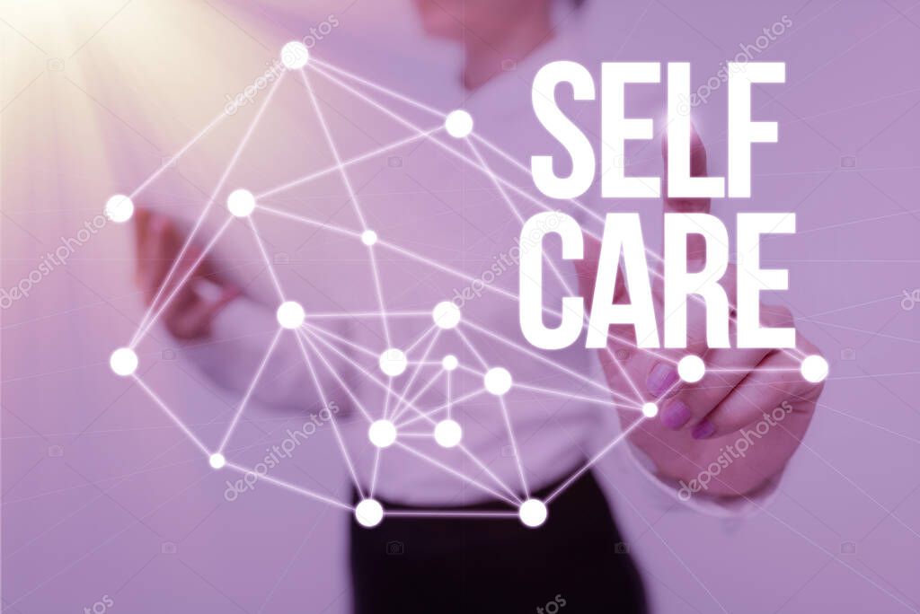 Text sign showing Self Care. Conceptual photo practice of taking action preserve or improve ones own health Lady Holding Tablet Pressing On Virtual Button Showing Futuristic Tech.