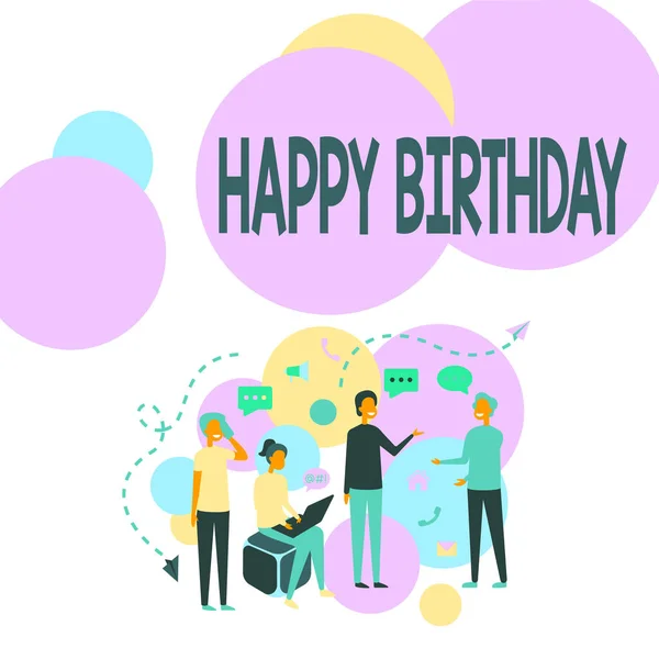 Text showing inspiration Happy Birthday. Internet Concept The birth anniversary of a person is celebrated with presents Four Colleagues Illustration Having Conversations Brainstorming New Ideas. — Stock Photo, Image