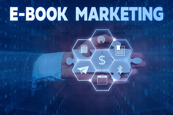 Text caption presenting E Book Marketing. Business overview digital file that can be used on any compatible computer Hand Holding Jigsaw Puzzle Piece Unlocking New Futuristic Technologies. — Stock Photo, Image