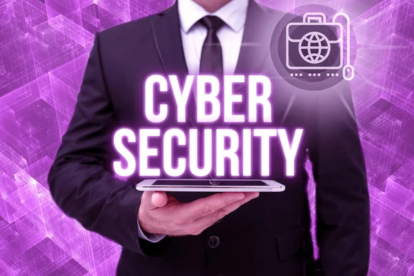 Conceptual display Cyber Security. Concept meaning Protect a computer system against unauthorized access Man In Office Uniform Holding Tablet Displaying New Modern Technology. — Stock Photo, Image