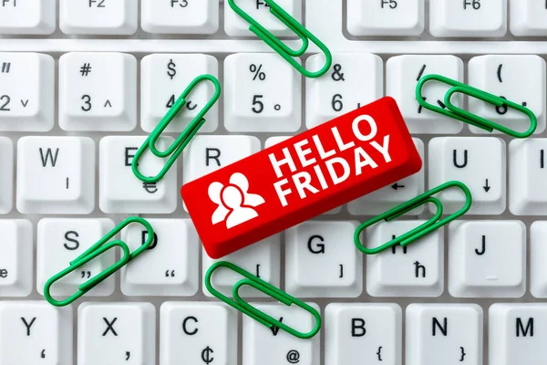 Kézírás üzenet Hello Friday. Üzleti koncepció a boldogság kifejezésére a friss hét elejétől Gépelés Product Ingredients, Abstract Presenting Upgraded Keyboard — Stock Fotó