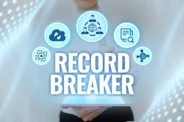 El yazısı metin Record Breaker. İş yaklaşımı, Bayan Tutma Tableti Sanal Düğmeye Basarak Geleceği Gösteren Teknoloji 'den daha iyi..
