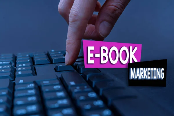 Handwriting text E Book Marketing. Internet Concept digital file that can be used on any compatible computer Hands Pointing Pressing Computer Keyboard Keys Typewriting New Ideas. — Stock Photo, Image