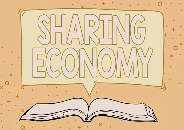 Paylaşımcı Ekonomi işaretini gösteren bir ilham. İş konsepti işbirlikçi tüketim ya da paylaşımcı tabanlı Açık Kitap resimlerini Konuşma Baloncuğu Sunar Bir Alıntı Mesajı Haberleri.
