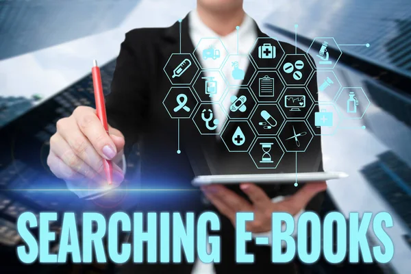 Writing displaying text Searching E Books. Word Written on looking for an electronic form of educational material Lady In Uniform Standing Holding Tablet Typing Futuristic Technologies. — Stock Photo, Image