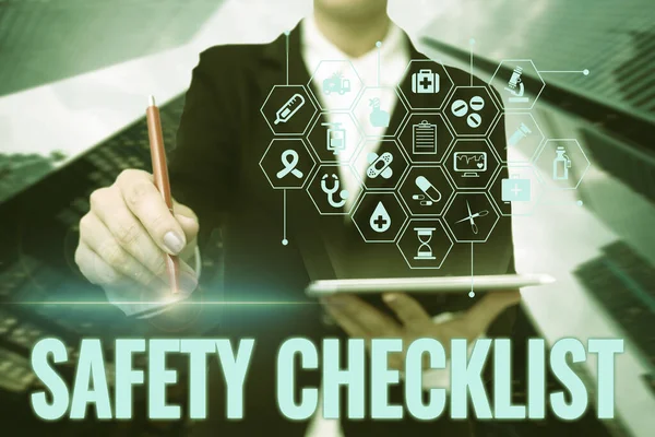 Sign displaying Safety Checklist. Word Written on list of items you need to verify, check or inspect Lady In Uniform Standing Holding Tablet Typing Futuristic Technologies.