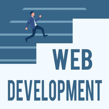 Web Geliştirme ilhamını gösteren metin. Geniş Merdiven Basamaklarında Yukarı Doğru Yürüyen Takım Elbiseli Centilmen aracılığıyla sunuculuk için web sitelerinin geliştirilmesi ile ilgili bir iş gösterisi.