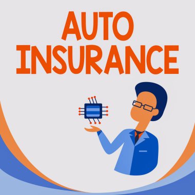 Kavramsal Başlık Otomobil Sigortası. İş konsepti, bir otomobil kazası geçirmenin maliyetini azaltıyor. Adam Çiziyor ve Bilgisayar Mikroçipi Gösteriyor..