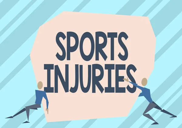 Sport sérülések kijelzése. Koncepció jelentése olyan sérülések, amelyek előfordulnak a sport vagy a testmozgás során Két férfi illusztráció próbál emelni extra nagy szikla, hogy szabad az út. — Stock Fotó