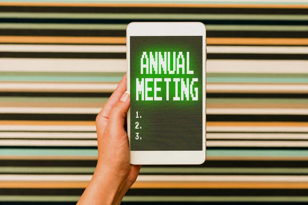 Text sign showing Annual Meeting. Business concept a meeting of the general membership of an organization Voice And Video Calling Capabilities Connecting People Together