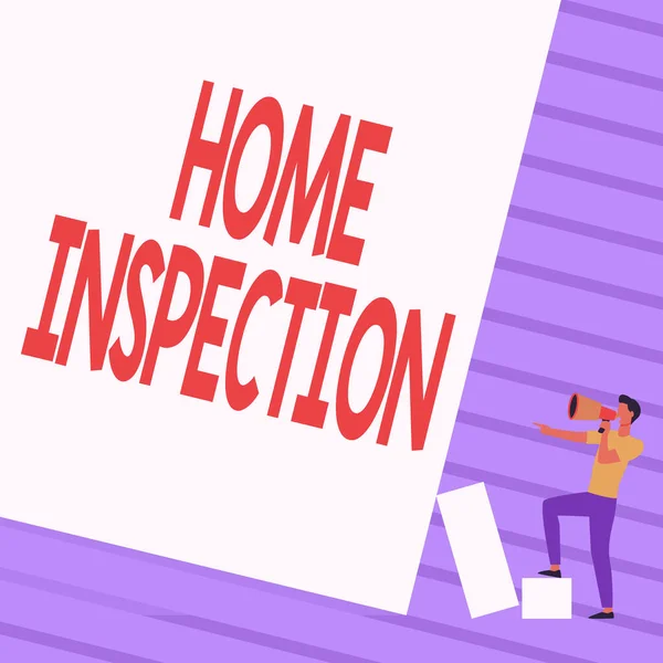 Концептуальне відображення Home Inspection. Слово Написано на неінвазивному вивченні стану будинку Чоловік Постійний малюнок Холдинг Megaphone Вказуючи порожню стіну . — стокове фото