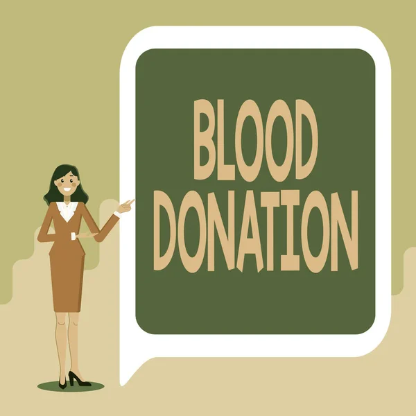 혈액 기부를 표시하는 서명. 중요 한 새로운 사상을 제시하는 중요 한 요소들을 전시하는 전체 피를 검사하고 저장하는 사업 전시 과정 — 스톡 사진