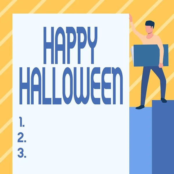 해피 할로윈 (Happy Halloween) 은 다음을 가리킨다. 인터넷 컨셉트 저녁 전 모든 Hallows Day Man standing carrying Large Notebook while show Big Whiteboard. — 스톡 사진