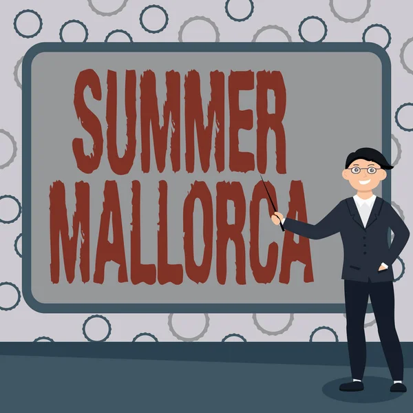 Koncepční titulek Summer Mallorca. Slovo pro trávení prázdninového období na Baleárských ostrovech ve Španělsku Abstraktní profesor přednášející, vysvětlující a ohlašující koncepci — Stock fotografie