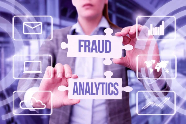 Sign displaying Fraud Analytics. Business concept identification of actual or expected fraud to take place Business Woman Holding Jigsaw Puzzle Piece Unlocking New Futuristic Tech. — Stock Photo, Image