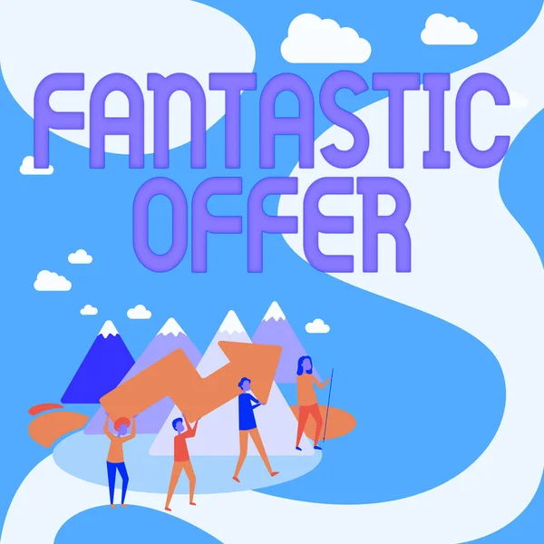 Didascalia concettuale Fantastica offerta. Parola Scritto sul venditore accetta offerte ed è disposto a negoziare Quattro Colleghi Illustrazione Arrampicata Montagna Holding Freccia Grande. — Foto Stock