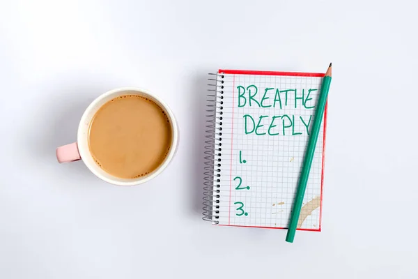 Text showing inspiration Breathe Deeply. Business concept to take a large breath of air into your lungs To pause Display of Different Color Sticker Notes Arranged On flatlay Lay Background — Stock Photo, Image