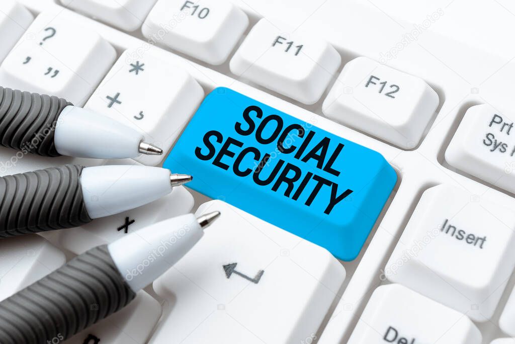 Sign displaying Social Security. Business approach government system that provide monetary assistance to showing Typing Helpful Blog Tutorial And Guides, Researching Strategies Online