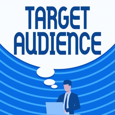 Metin Hedef Seyircisi gösterimi yazılıyor. Sözlerinizi Takım Elbiseli İşadamı 'na Büyük Fikir Baloncuklu Dizüstü Bilgisayarı kullanarak söylemek istediğinizi gösteren bir iş şovu kategorisi.