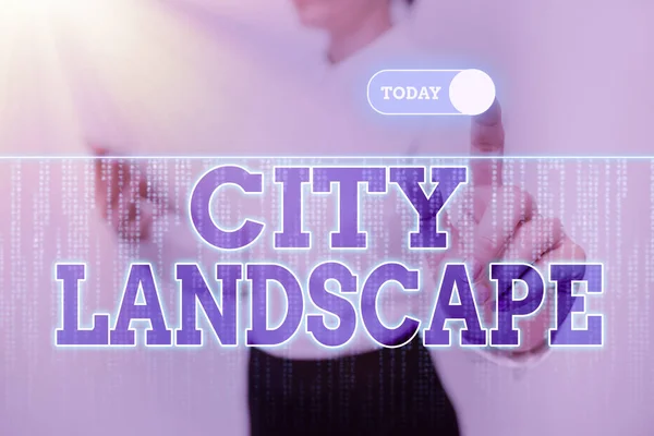Az ihletet adó szöveg City Landscape. Üzleti megközelítés fénykép a fizikai aspektusait egy város vagy városi terület Lady Holding Tablet Pressing On Virtuális gomb megjelenítése Futuristic Tech. — Stock Fotó
