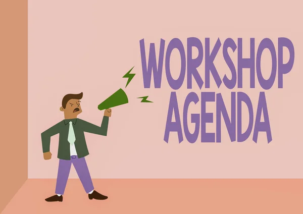 Inspiration visar tecken Workshop Agenda. Word för hjälper dig att se till att din plats stannar på schemat Man Standing Shouting Over Megaphone Presentera nya tillkännagivandet. — Stockfoto