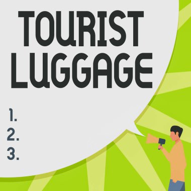 Yazı başlığı Turist Bagajı 'nı gösteriyor. Seyahat eden bir adamın cebinde el çizimi megafonu ve büyük bir konuşma balonuyla birlikte taşıması için gereken her şeyi içeren internet kavramı büyük çantası..