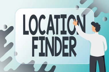 İlham veren konum bulucuyu gösteren metin. Yeni E- posta Oluşturan, Çevrimiçi Davet Listesi Oluşturan, seçili bir yerin adresini bulmak için bir serviste yazılmış sözcük