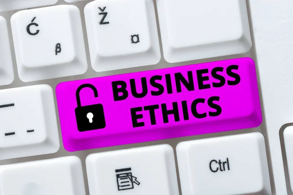 Handwriting text Business Ethics. Word Written on Moral principles that guide the way a business behaves Creating New Online Shop Business, Typing List Of Trading Goods — Stock Photo, Image