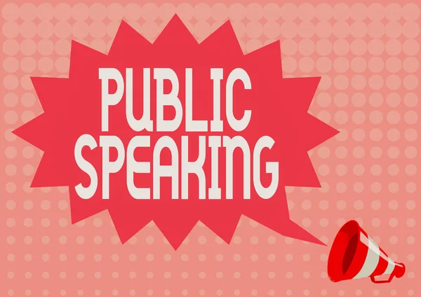 Text showing inspiration Public Speaking. Business approach talking showing stage in subject Conference Presentation Illustration Of A Spiky Chat Cloud Announced By A Megaphone.