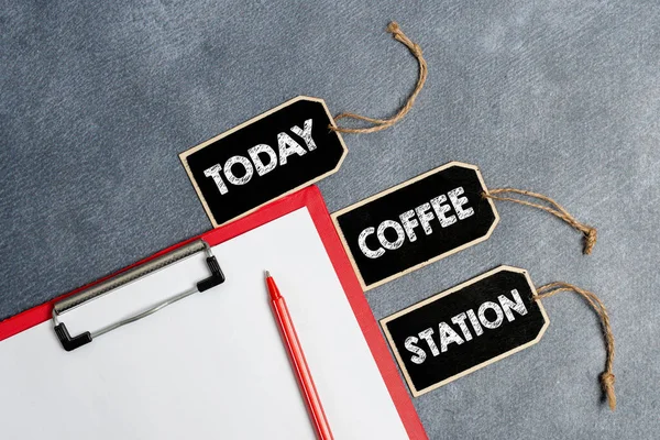 Conceptual caption Coffee Station. Business showcase a small informal restaurant where hot drinks are served Collection of Blank Empty Sticker Tags Tied With A String For Information Label Sign