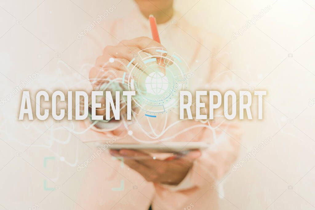 Sign displaying Accident Report. Concept meaning A form that is filled out record details of an unusual event Lady In Uniform Using Futuristic Mobile Holographic Display Screen.