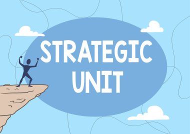 Stratejik Birim metni gösteriliyor. İşletme vitrini kâr merkezi ürün sunma ve piyasa segmentine odaklandı. Atletik Adam çizimi Dağ Bulutlara Tırmanma Başarısıyla Gurur Duyuyor.