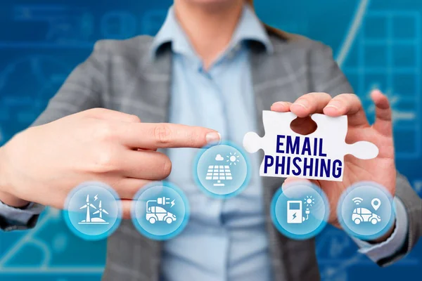 Hand writing sign Email Phishing. Business overview Emails that may link to websites that distribute malware Business Woman Pointing Jigsaw Puzzle Piece Unlocking New Futuristic Tech.