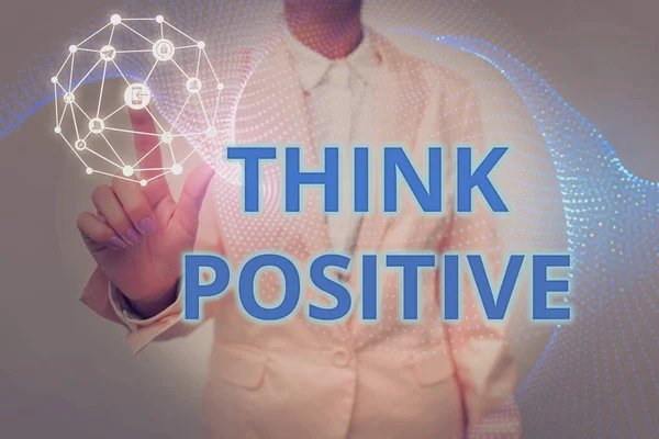 Sign displaying Think Positive. Business idea The tendency to be positive or optimistic in attitude Lady In Uniform Holding Tablet In Hand Virtually Tapping Futuristic Tech.