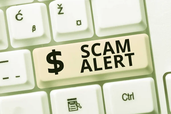 Text showing inspiration Scam Alert. Business idea fraudulently obtain money from victim by persuading him Creating Data Entry And Typing Jobs, Posting On Online Selling Website — Stock Photo, Image