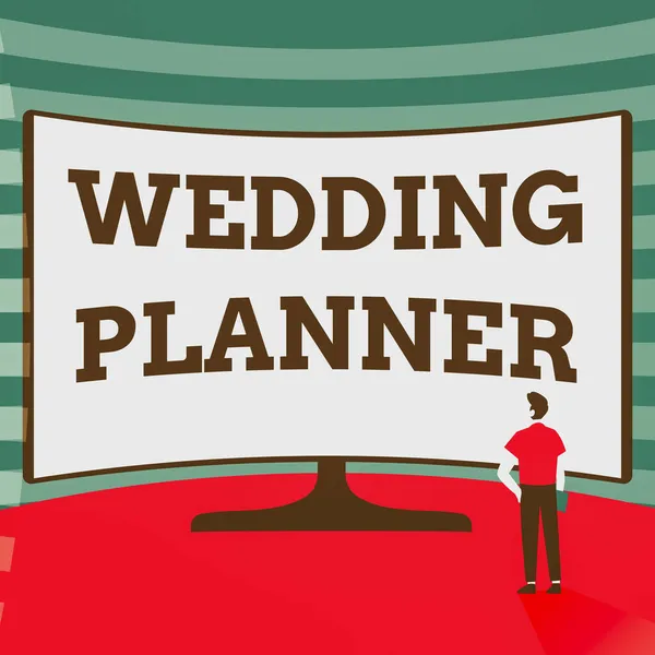 Text sign showing Wedding Planner. Conceptual photo someone who plans and organizes weddings as a profession Man Standing Illustration Standing Infront Of Huge Display Screen. — Stock Photo, Image
