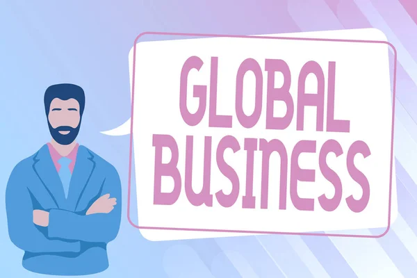 Text, der Inspiration für Global Business zeigt. Word Geschriebenes Unternehmen, das Einrichtungen in vielen Ländern betreibt Man Crossing Hands Illustration Standing With Speech Bubble Message. — Stockfoto