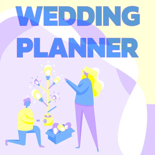 Text caption presenting Wedding Planner. Business showcase someone who plans and organizes weddings as a profession Man And Woman Drawing Standing Kneeling Assembling Light Bulb Tree. — Stock Photo, Image