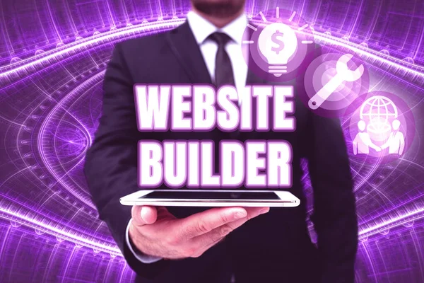 Inspiration showing sign Website Builder. Business approach construction of websites without manual code editing Man In Office Uniform Holding Tablet Displaying New Modern Technology. — Stock Photo, Image