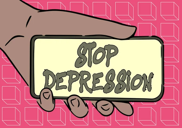 Έμπνευση που δείχνει σημάδι Σταματήστε την κατάθλιψη. Έννοια που σημαίνει τέλος τα συναισθήματα της σοβαρής απελπισίας και της κατάθλιψης Adult Hand Illustration Holding Mobile Εμφάνιση νέας τεχνολογίας στην οθόνη. — Φωτογραφία Αρχείου