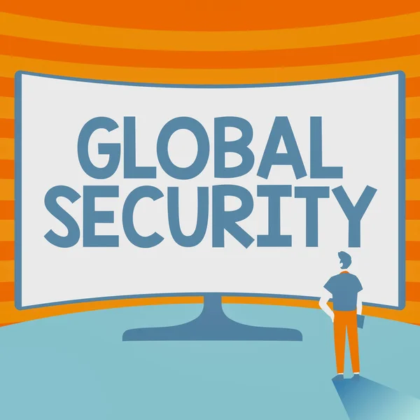 Konceptuell bildtext Global säkerhet. Business overview protection of the world against war and other threats Man Standing Illustration Stående Infront of Enorm Display Skärm. — Stockfoto