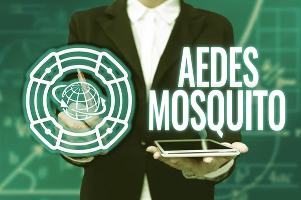 Aedes Sivrisinek 'ten ilham aldığını gösteren bir metin. Kavram, dang humması yayan sarı hummalı sivrisinek anlamına geliyor. Üniformalı kadın elinde tablet tutuyor. Fütüristik Teknoloji Yazıyor.. — Stok fotoğraf