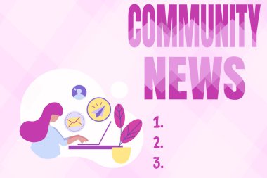 El yazısı işareti Community News. Tipik olarak şehir merkezlerindeki soyut internet arama ve e-posta gönderme, uzaktan çalışma kavramlarına odaklanan haber yayını için sözcük