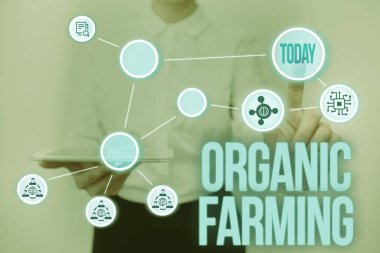 El yazısı işareti Organik Çiftçilik. İş yaklaşımı, sürdürülebilirlik için uğraşan bütünleşik tarım sistemi Lady Holding Tableti Sanal Düğmeye Basarak Geleceği Gösteren Teknoloji.