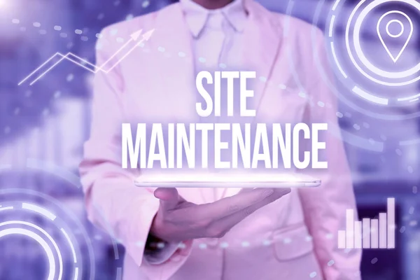 Text showing inspiration Site Maintenance. Business showcase keeping the website secure updated running and bugfree Lady Uniform Standing Tablet Hand Presenting Virtual Modern Technology — Stock Photo, Image